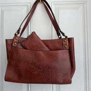 Patricia Nash Map Print Brown Leather Tote Bag